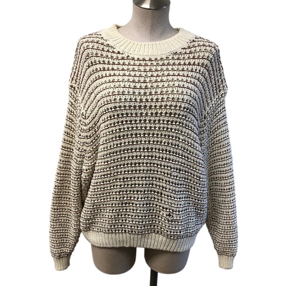 Bimba Y Lola Sweater Womens S Cream Striped Open Knit Crochet Cotton Blend